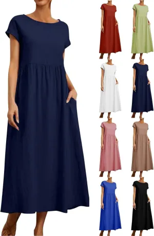 Linen Dresses for Women 2024 Casual Summer Vacation Midi Dress Comfy Loose Fit Smocked Short Sleeve Sun Dresses
