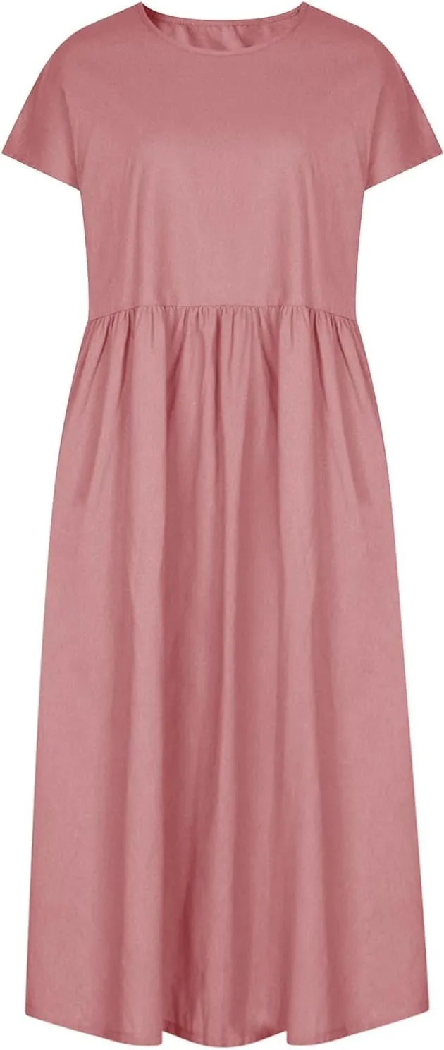 Linen Dresses for Women 2024 Casual Summer Vacation Midi Dress Comfy Loose Fit Smocked Short Sleeve Sun Dresses