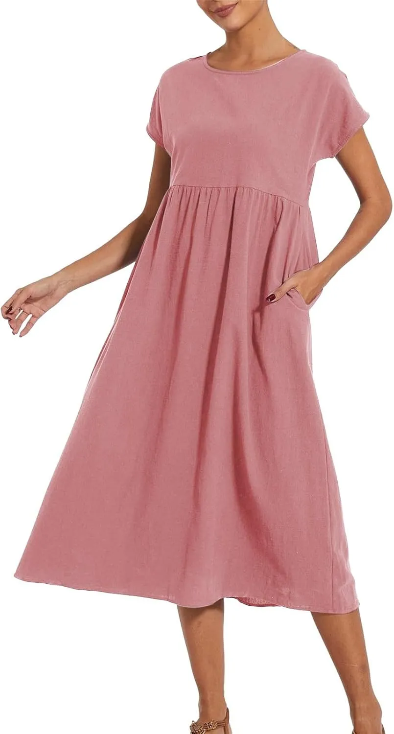 Linen Dresses for Women 2024 Casual Summer Vacation Midi Dress Comfy Loose Fit Smocked Short Sleeve Sun Dresses
