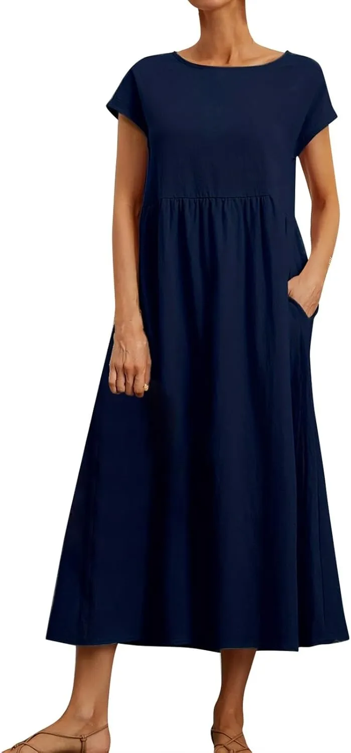 Linen Dresses for Women 2024 Casual Summer Vacation Midi Dress Comfy Loose Fit Smocked Short Sleeve Sun Dresses