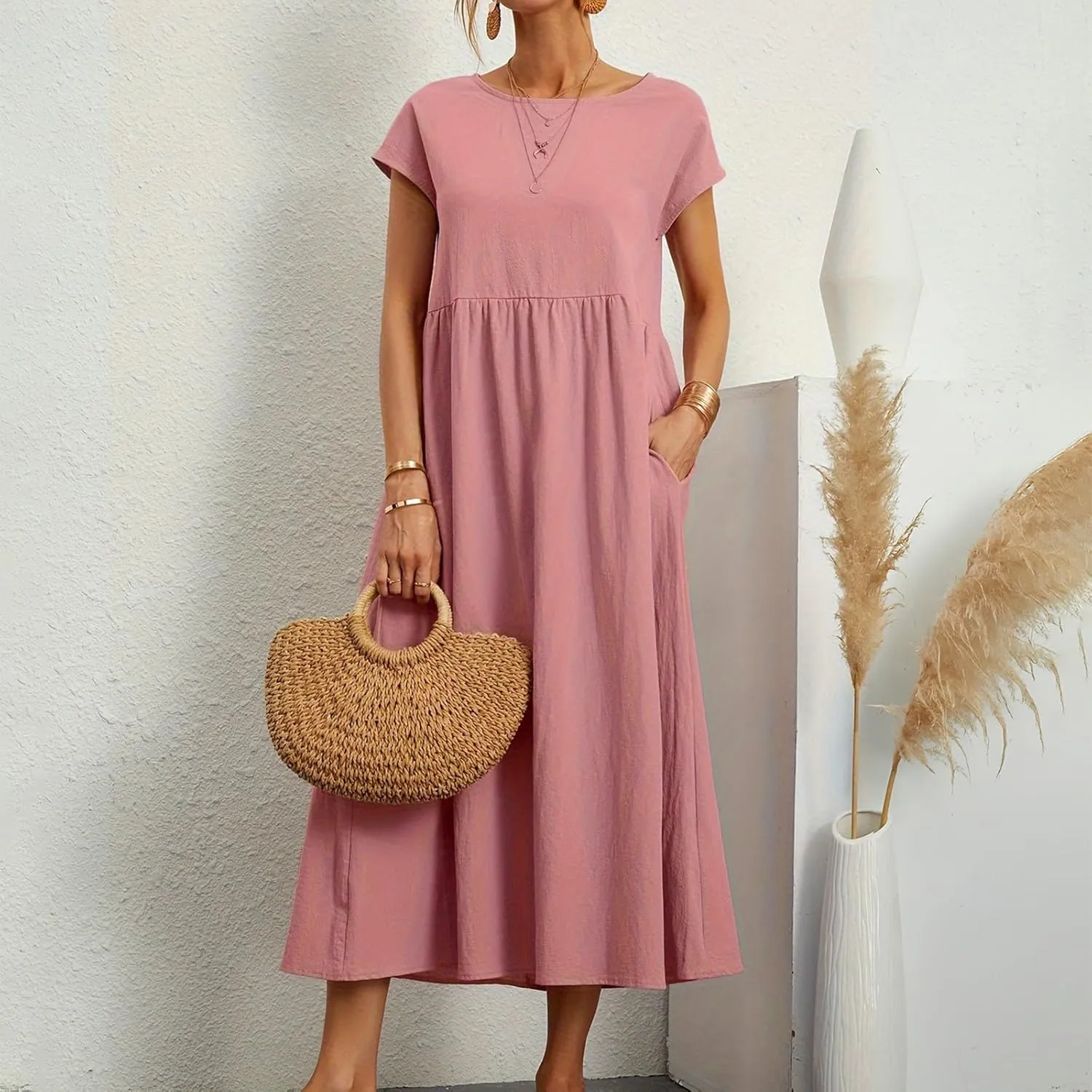 Linen Dresses for Women 2024 Casual Summer Vacation Midi Dress Comfy Loose Fit Smocked Short Sleeve Sun Dresses