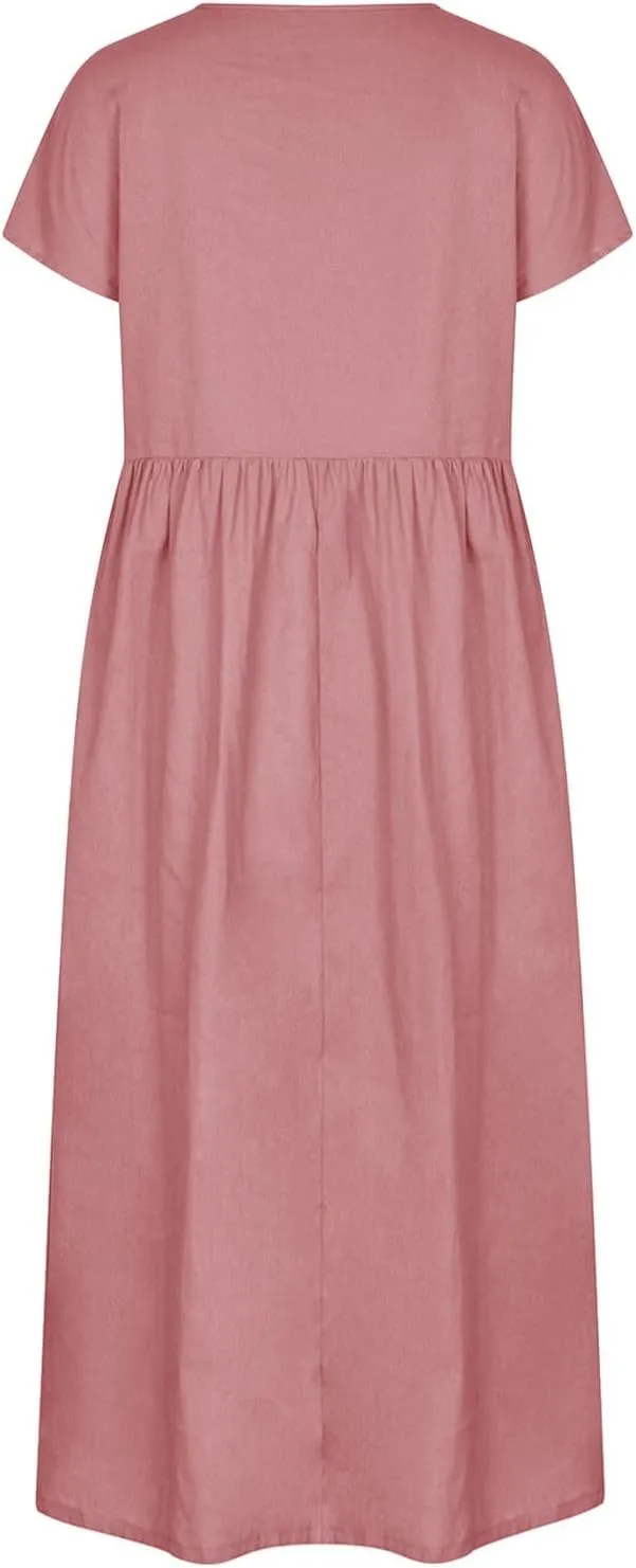 Linen Dresses for Women 2024 Casual Summer Vacation Midi Dress Comfy Loose Fit Smocked Short Sleeve Sun Dresses