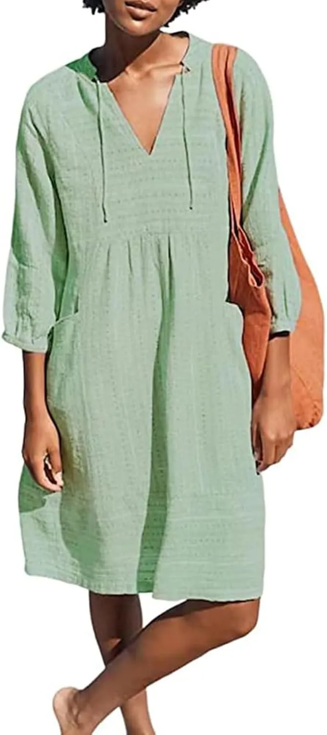 Linen Dresses for Women 2025 Summer Vacation Beach Shift Dress V Neck 3/4 Sleeve Midi Dress Casual Tunic Dresses