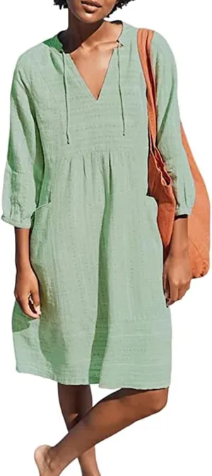Linen Dresses for Women 2025 Summer Vacation Beach Shift Dress V Neck 3/4 Sleeve Midi Dress Casual Tunic Dresses