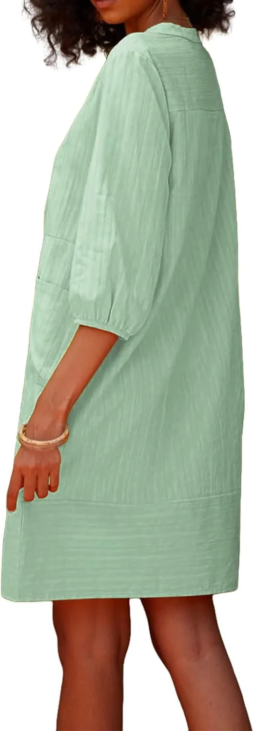 Linen Dresses for Women 2025 Summer Vacation Beach Shift Dress V Neck 3/4 Sleeve Midi Dress Casual Tunic Dresses