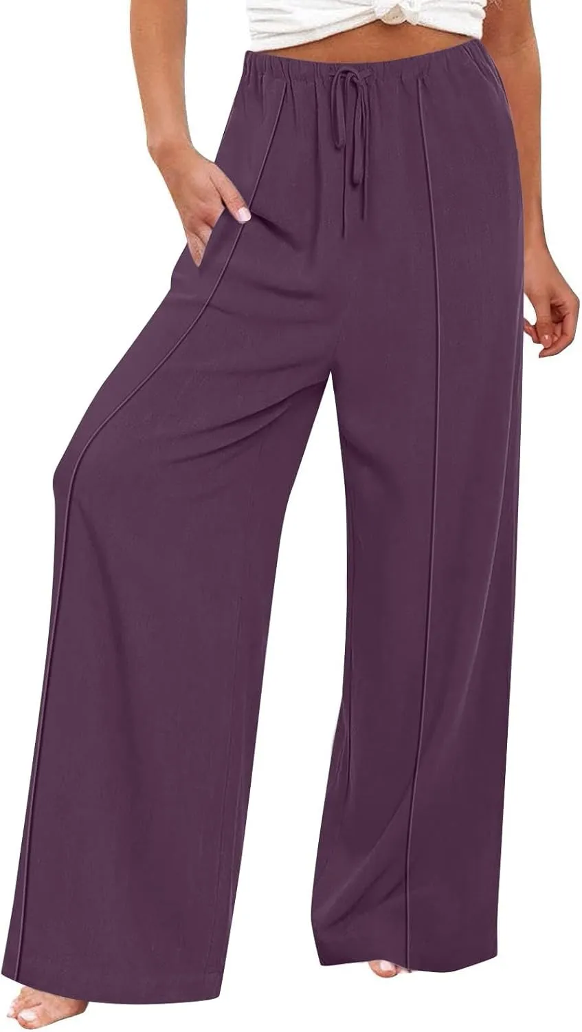 Linen Palazzo Pants for Women Loose Fit Comfy Wide Leg Pants Summer Drawstring High Waisted Lounge Pants with Pockets
