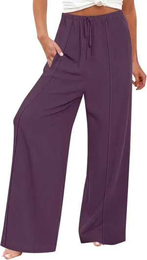Linen Palazzo Pants for Women Loose Fit Comfy Wide Leg Pants Summer Drawstring High Waisted Lounge Pants with Pockets