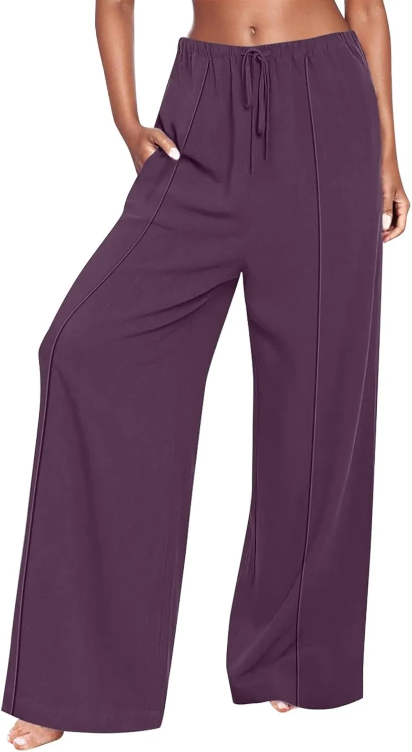 Linen Palazzo Pants for Women Loose Fit Comfy Wide Leg Pants Summer Drawstring High Waisted Lounge Pants with Pockets