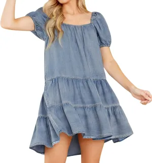 LIUguoo Women's Babydoll Dress Denim Dress Scoop Neck Short Sleeve Tiered Ruffle A-Line Flowy Swing Beach Mini Dresses
