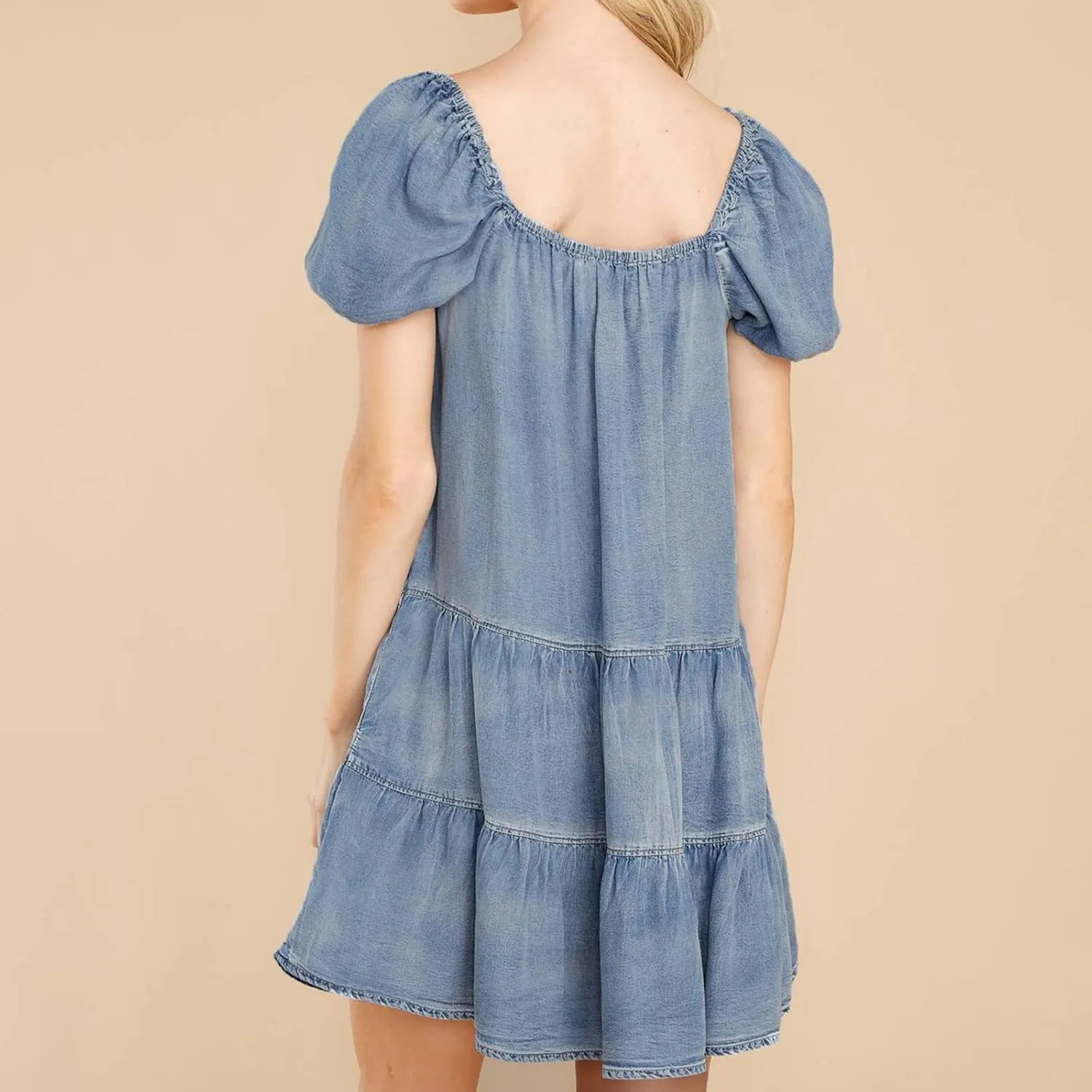 LIUguoo Women's Babydoll Dress Denim Dress Scoop Neck Short Sleeve Tiered Ruffle A-Line Flowy Swing Beach Mini Dresses