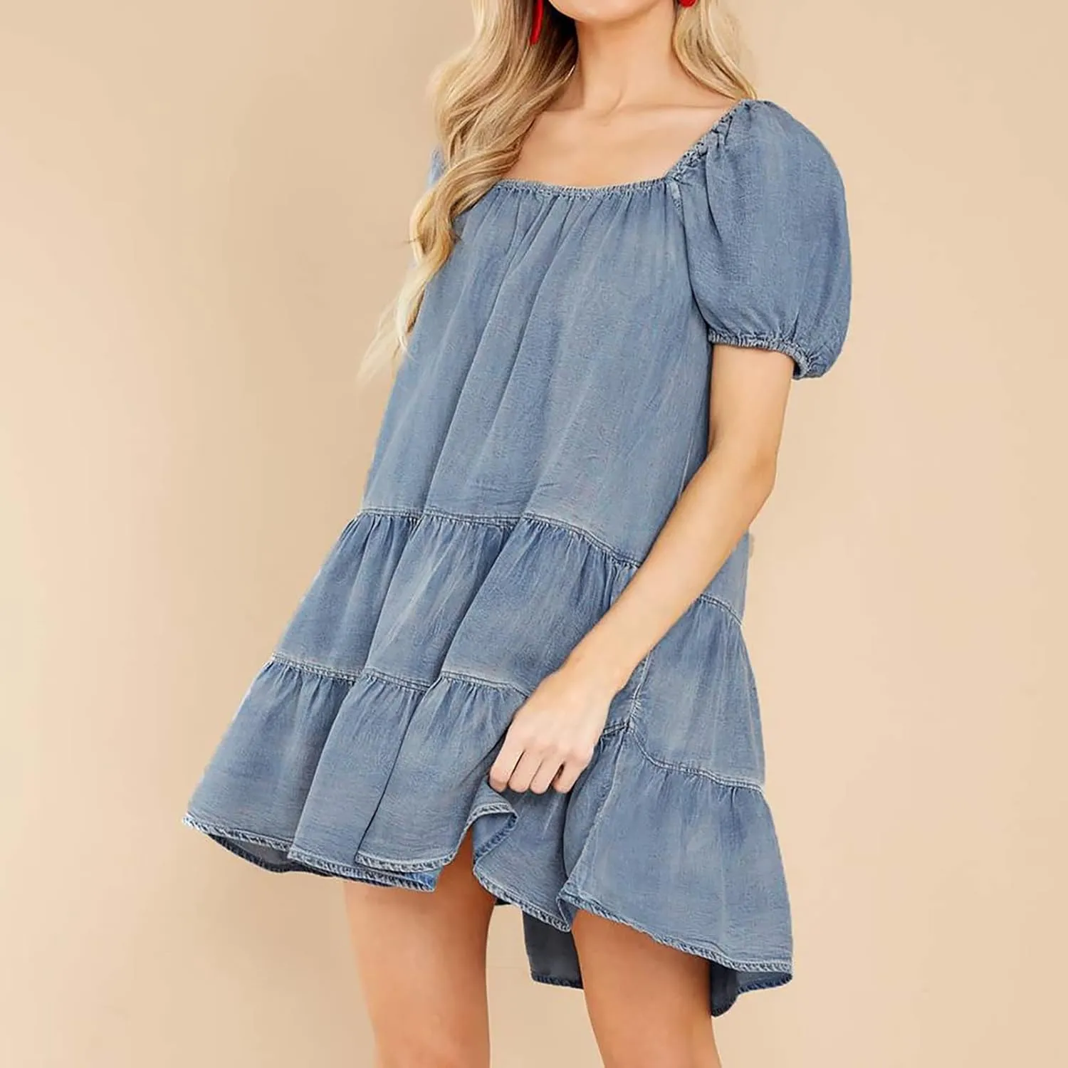 LIUguoo Women's Babydoll Dress Denim Dress Scoop Neck Short Sleeve Tiered Ruffle A-Line Flowy Swing Beach Mini Dresses