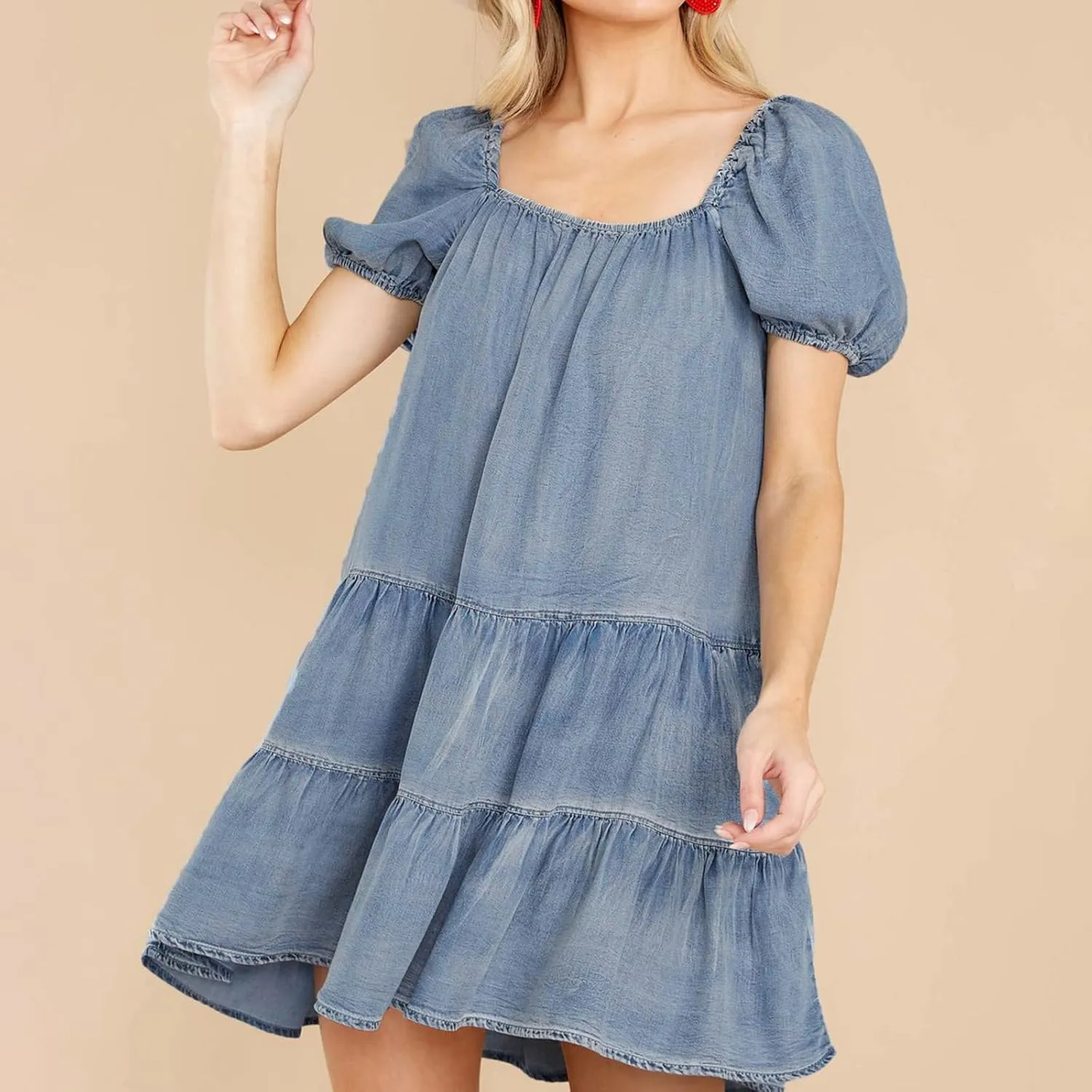 LIUguoo Women's Babydoll Dress Denim Dress Scoop Neck Short Sleeve Tiered Ruffle A-Line Flowy Swing Beach Mini Dresses