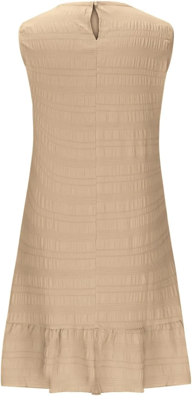 Lmdudan 2025 Summer Dress for Women Ruffle Hem Swing Mini Dress Sleeveless Tank Dresses Round Neck Casual Smock Sundress
