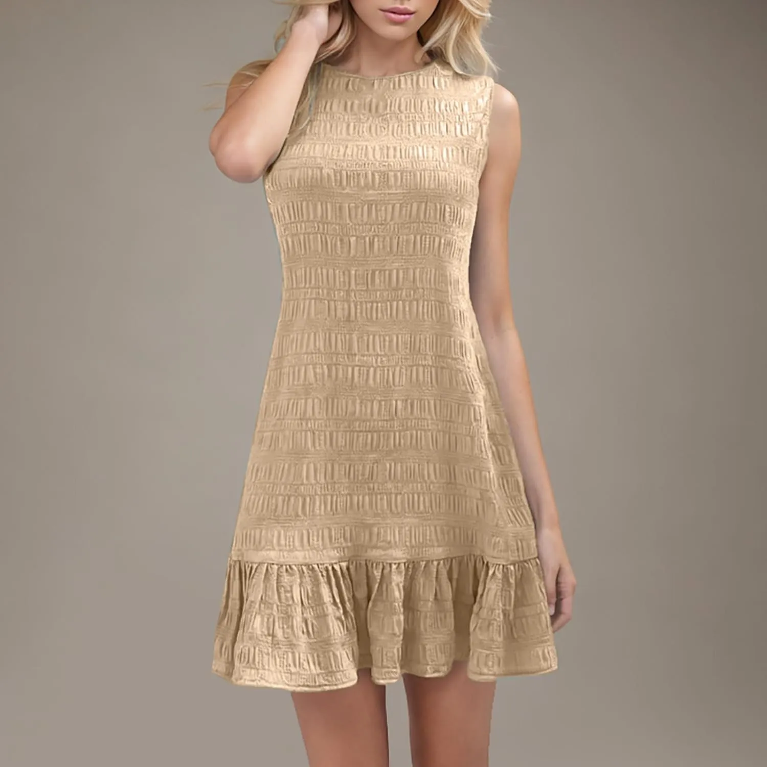 Lmdudan 2025 Summer Dress for Women Ruffle Hem Swing Mini Dress Sleeveless Tank Dresses Round Neck Casual Smock Sundress