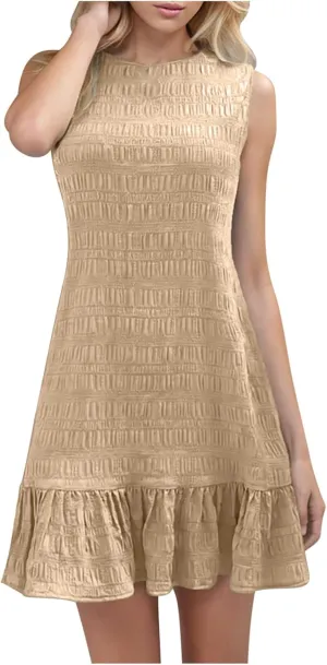 Lmdudan 2025 Summer Dress for Women Ruffle Hem Swing Mini Dress Sleeveless Tank Dresses Round Neck Casual Smock Sundress