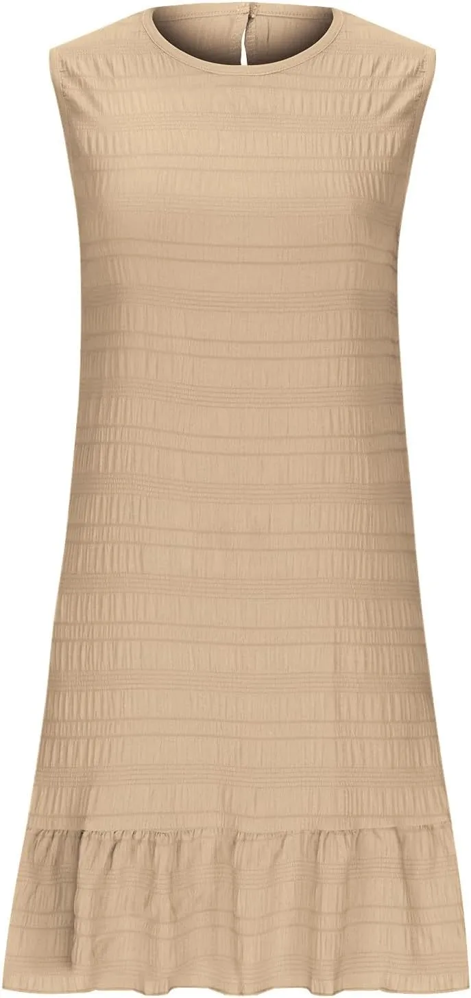 Lmdudan 2025 Summer Dress for Women Ruffle Hem Swing Mini Dress Sleeveless Tank Dresses Round Neck Casual Smock Sundress