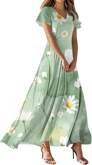Long Dresses for Women Casual Summer Boho a Line Wrap Floral Maxi Dress Flowy Short Sleeve V Neck Vacation Sundress Summer Outfits for Women Beach Fashion Lightweight Sundress Loose Fit Long Dress