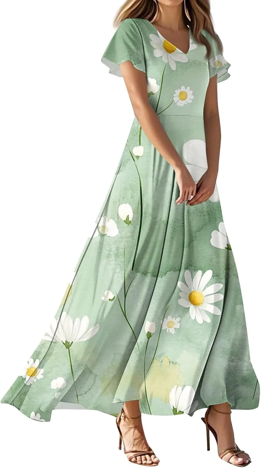 Long Dresses for Women Casual Summer Boho a Line Wrap Floral Maxi Dress Flowy Short Sleeve V Neck Vacation Sundress Summer Outfits for Women Beach Fashion Lightweight Sundress Loose Fit Long Dress