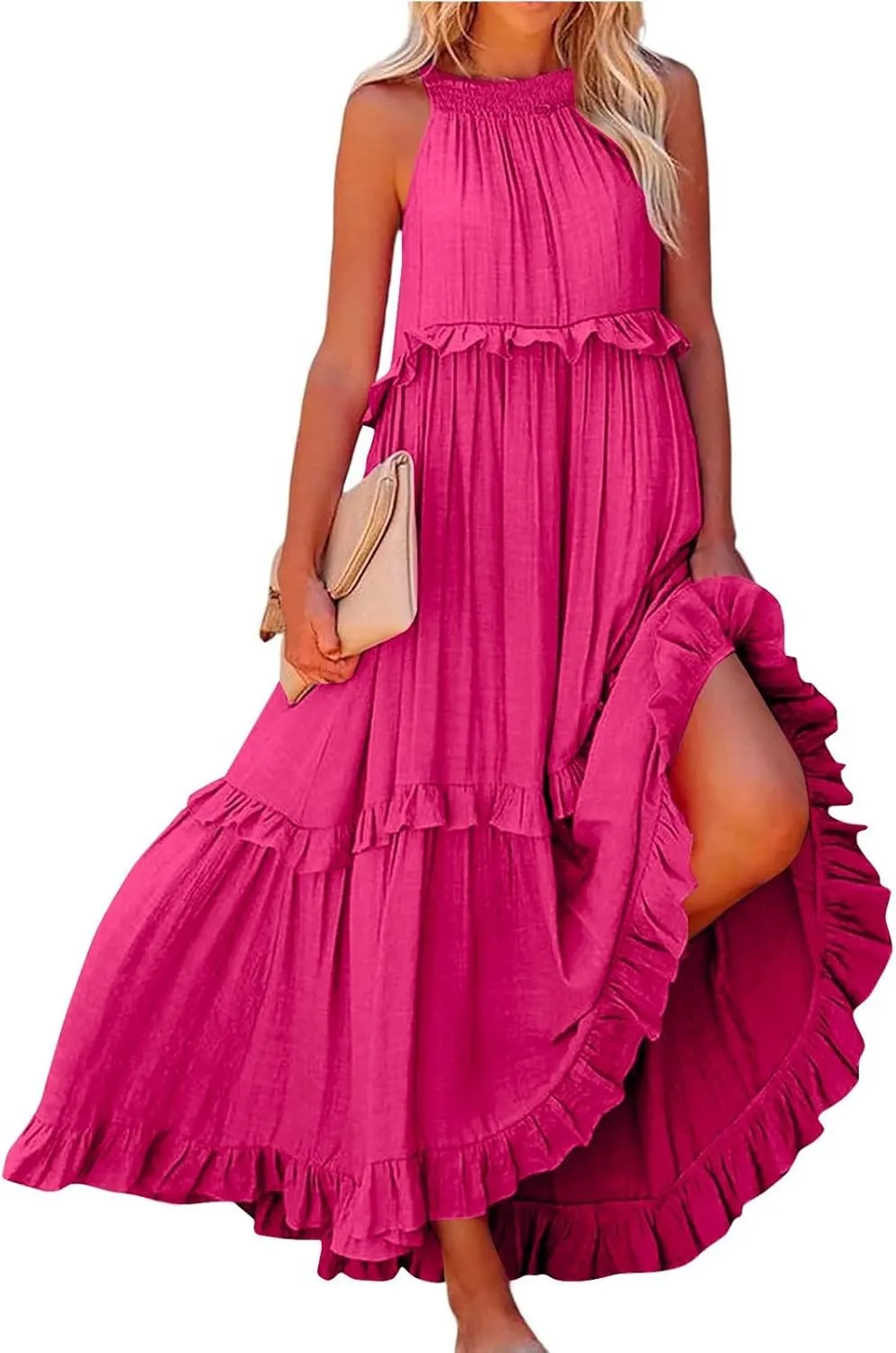 Long Dresses for Women Sleeveless Smocked Ruffle Halter Neck Maxi Dress Summer Tiered Flowy Swing A Line Sundresses