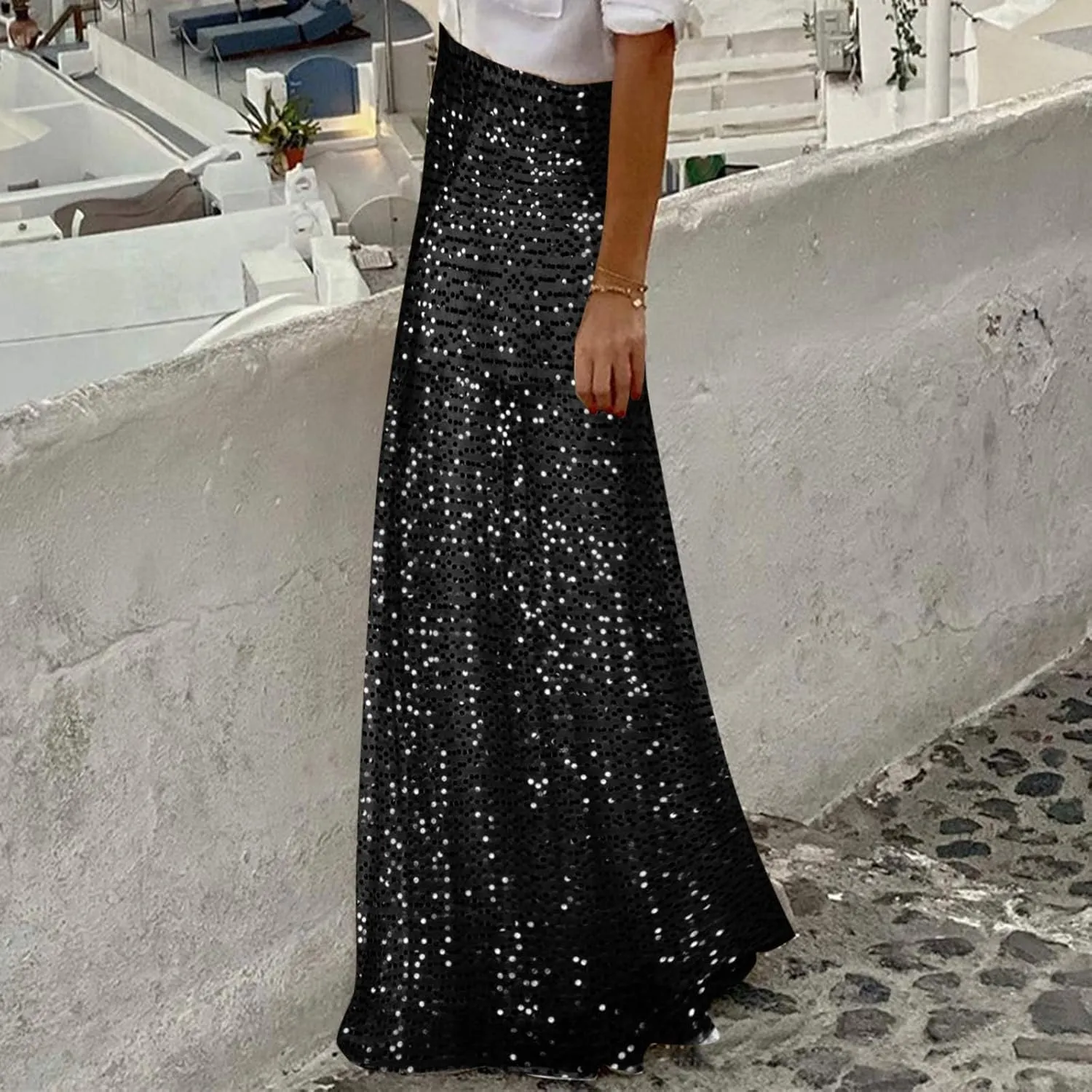 Long Skirts for Women High Waisted Pleated Stretch Skirt Fashion Sequin Flowy Comfort Ruffle Maxi Skirts 2025 New