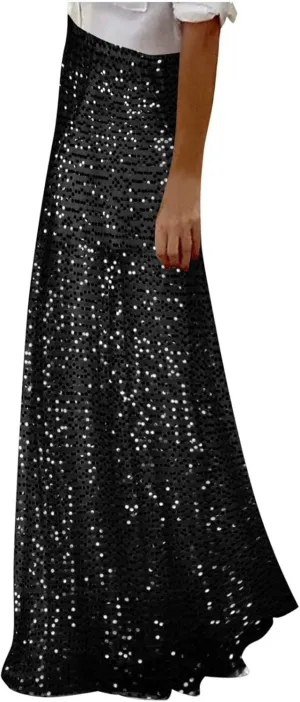 Long Skirts for Women High Waisted Pleated Stretch Skirt Fashion Sequin Flowy Comfort Ruffle Maxi Skirts 2025 New