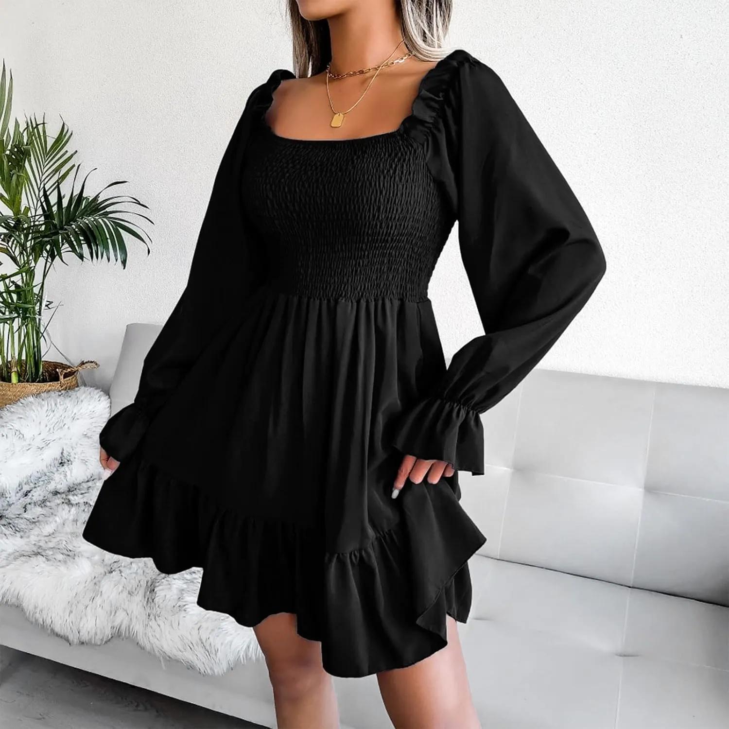 Long Sleeve Square Neck Mini Dresses for Women Fall Winter Formal Trendy Casual Sexy A Line Ruffle Ruched Dress