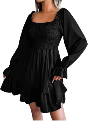 Long Sleeve Square Neck Mini Dresses for Women Fall Winter Formal Trendy Casual Sexy A Line Ruffle Ruched Dress