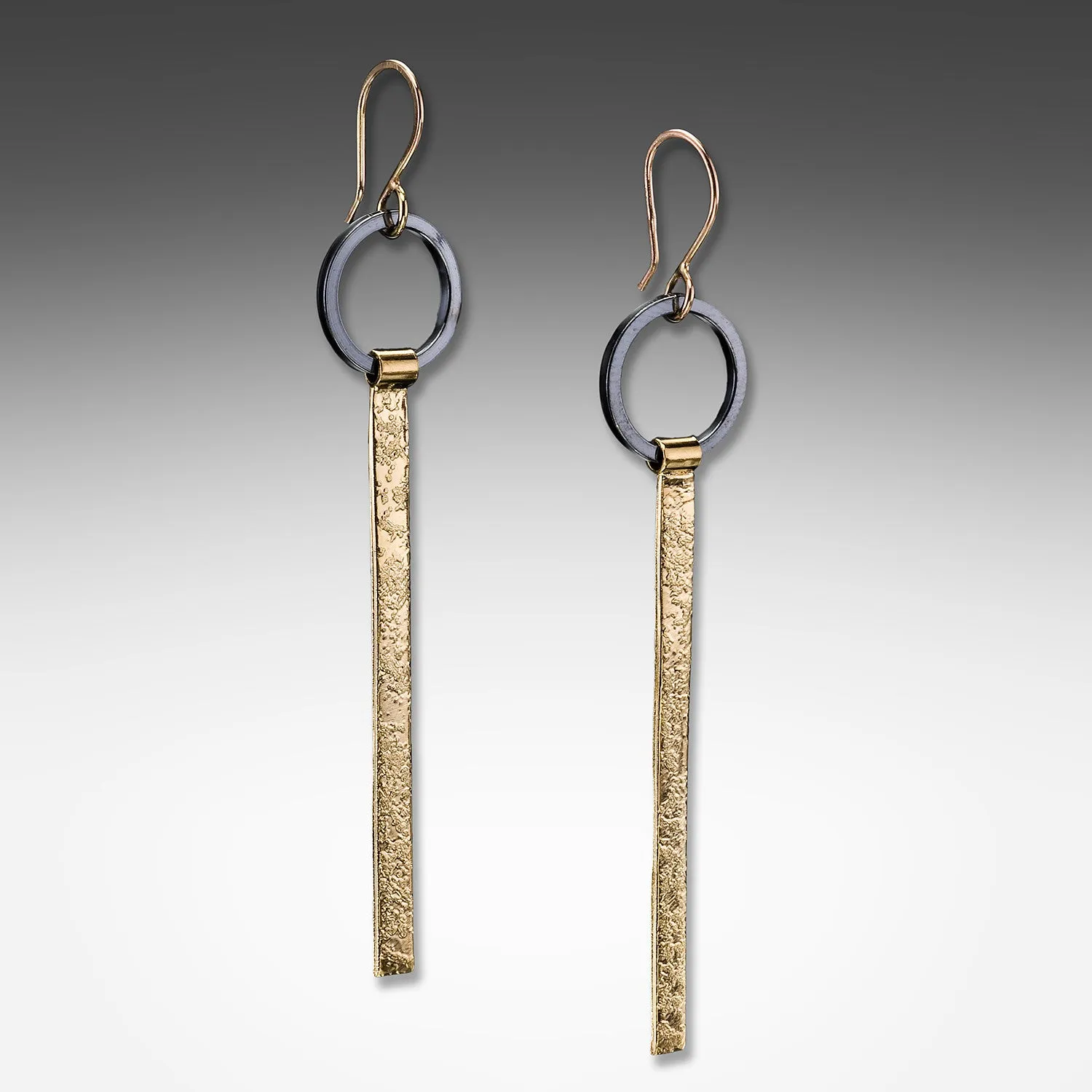 Long tab gold vermeil earrings on silver ring by Suzanne Q Evon