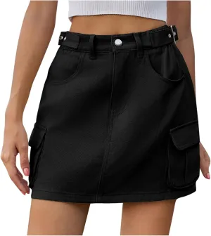 Low Waist Cargo Skirt Women Button Mini Cargo Denim Skirt with Pocket Mini Skirt Casual Distressed Denim Short Skirt
