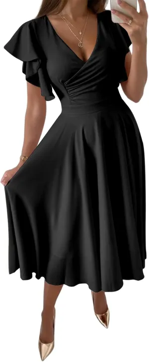 LYANER Women's Warp V Neck Ruffle Short Sleeve A Line Swing Flared Cocktail Party Midi Dress