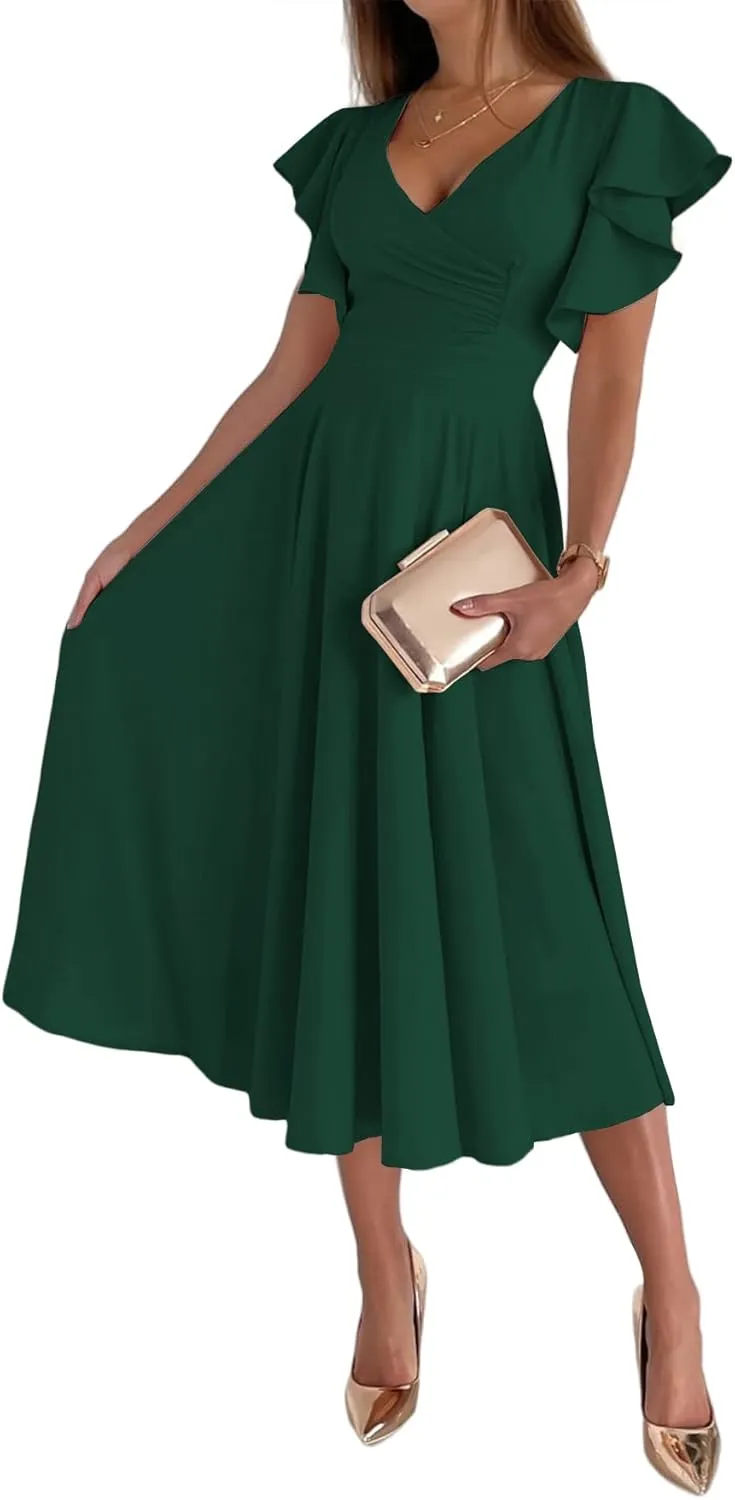 LYANER Women's Warp V Neck Ruffle Short Sleeve A Line Swing Flared Cocktail Party Midi Dress