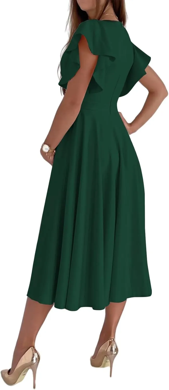 LYANER Women's Warp V Neck Ruffle Short Sleeve A Line Swing Flared Cocktail Party Midi Dress