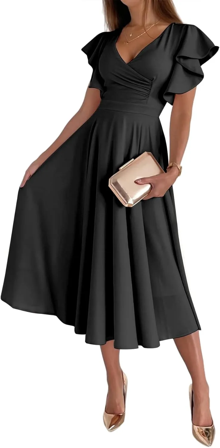 LYANER Women's Warp V Neck Ruffle Short Sleeve A Line Swing Flared Cocktail Party Midi Dress