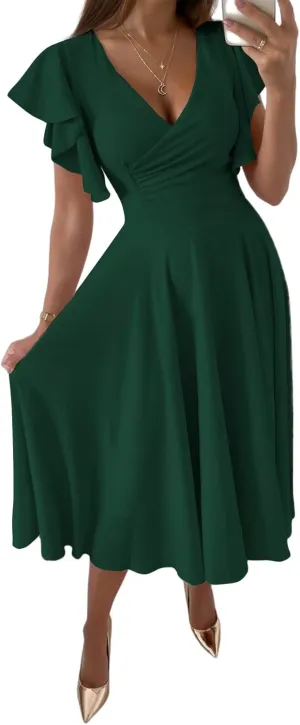 LYANER Women's Warp V Neck Ruffle Short Sleeve A Line Swing Flared Cocktail Party Midi Dress