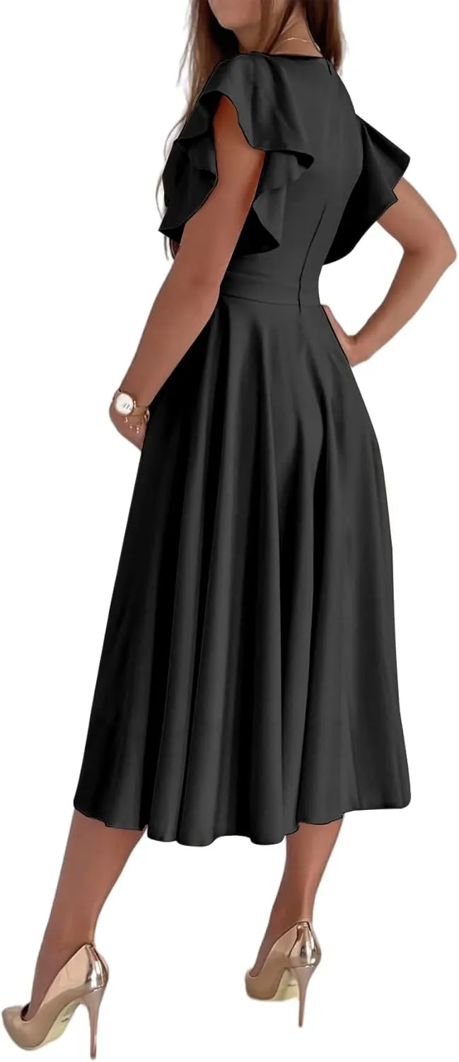 LYANER Women's Warp V Neck Ruffle Short Sleeve A Line Swing Flared Cocktail Party Midi Dress