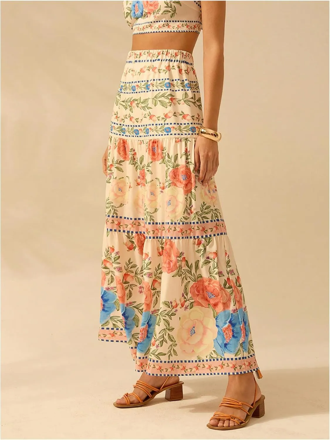 MakeMeChic Women's Floral Print A Line Maxi Skirts Ruffle Hem Loose Fit Summer Long Skirts Vacation Skirts