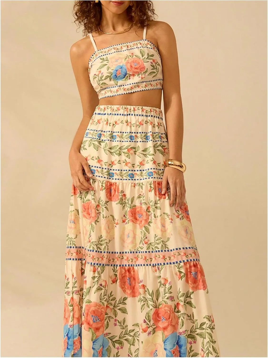 MakeMeChic Women's Floral Print A Line Maxi Skirts Ruffle Hem Loose Fit Summer Long Skirts Vacation Skirts