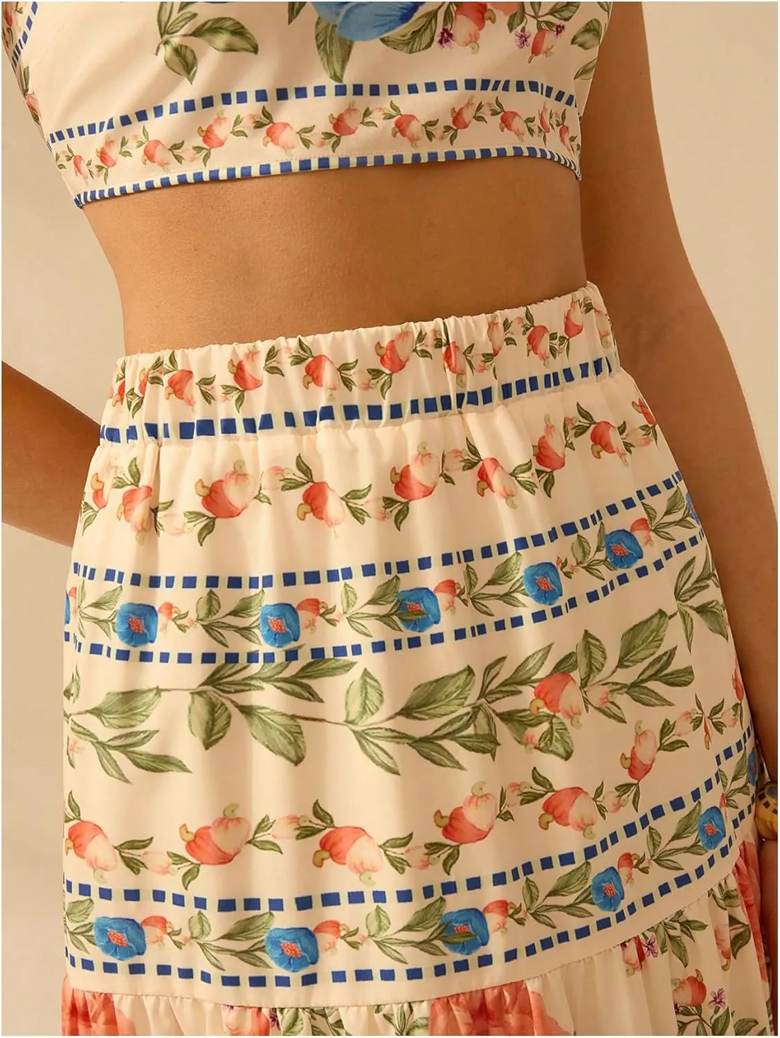 MakeMeChic Women's Floral Print A Line Maxi Skirts Ruffle Hem Loose Fit Summer Long Skirts Vacation Skirts