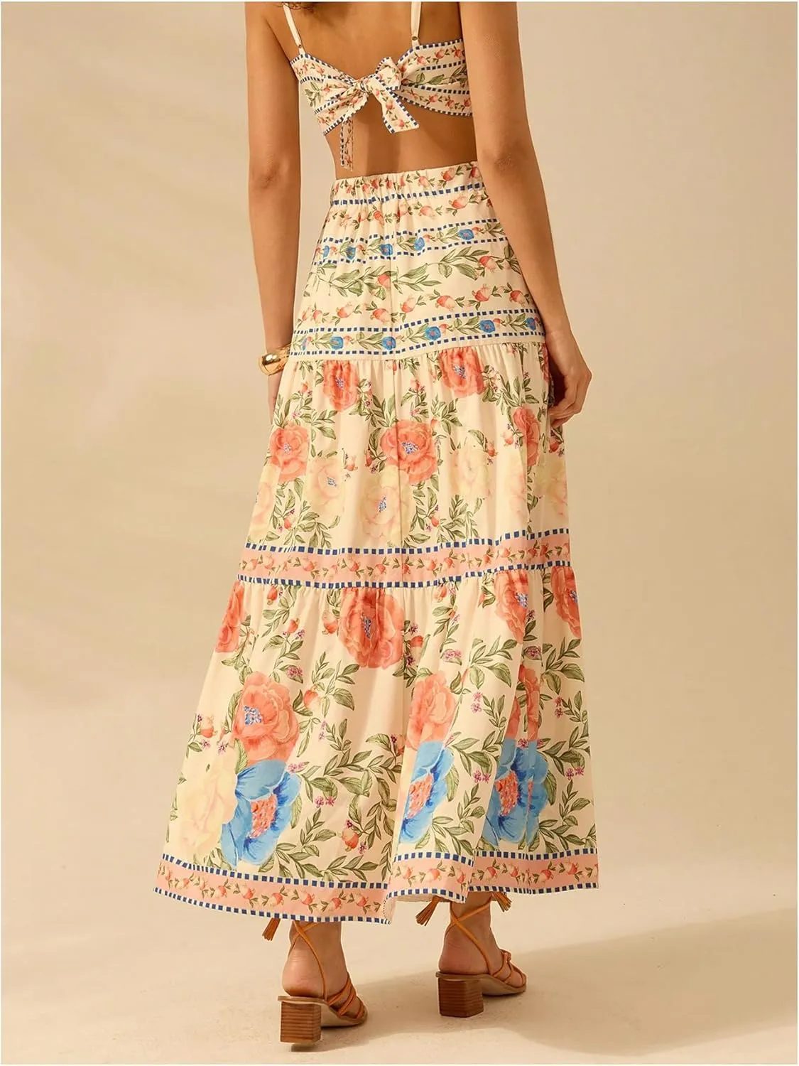 MakeMeChic Women's Floral Print A Line Maxi Skirts Ruffle Hem Loose Fit Summer Long Skirts Vacation Skirts