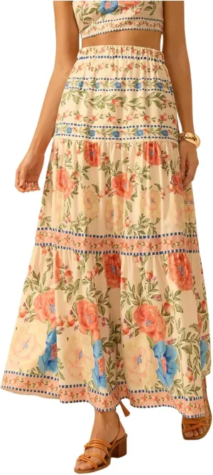 MakeMeChic Women's Floral Print A Line Maxi Skirts Ruffle Hem Loose Fit Summer Long Skirts Vacation Skirts
