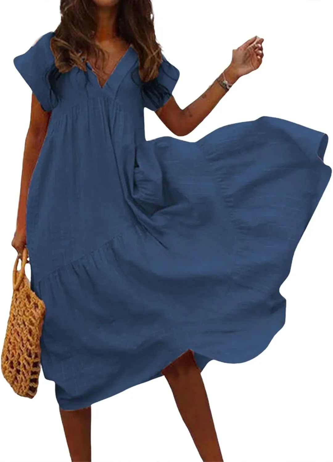 Maxi Cotton Linen Dresses for Women 2025 Summer V-Neck Short Sleeve Asymmetrical Dress Beach Elegant Long Flowy Dress