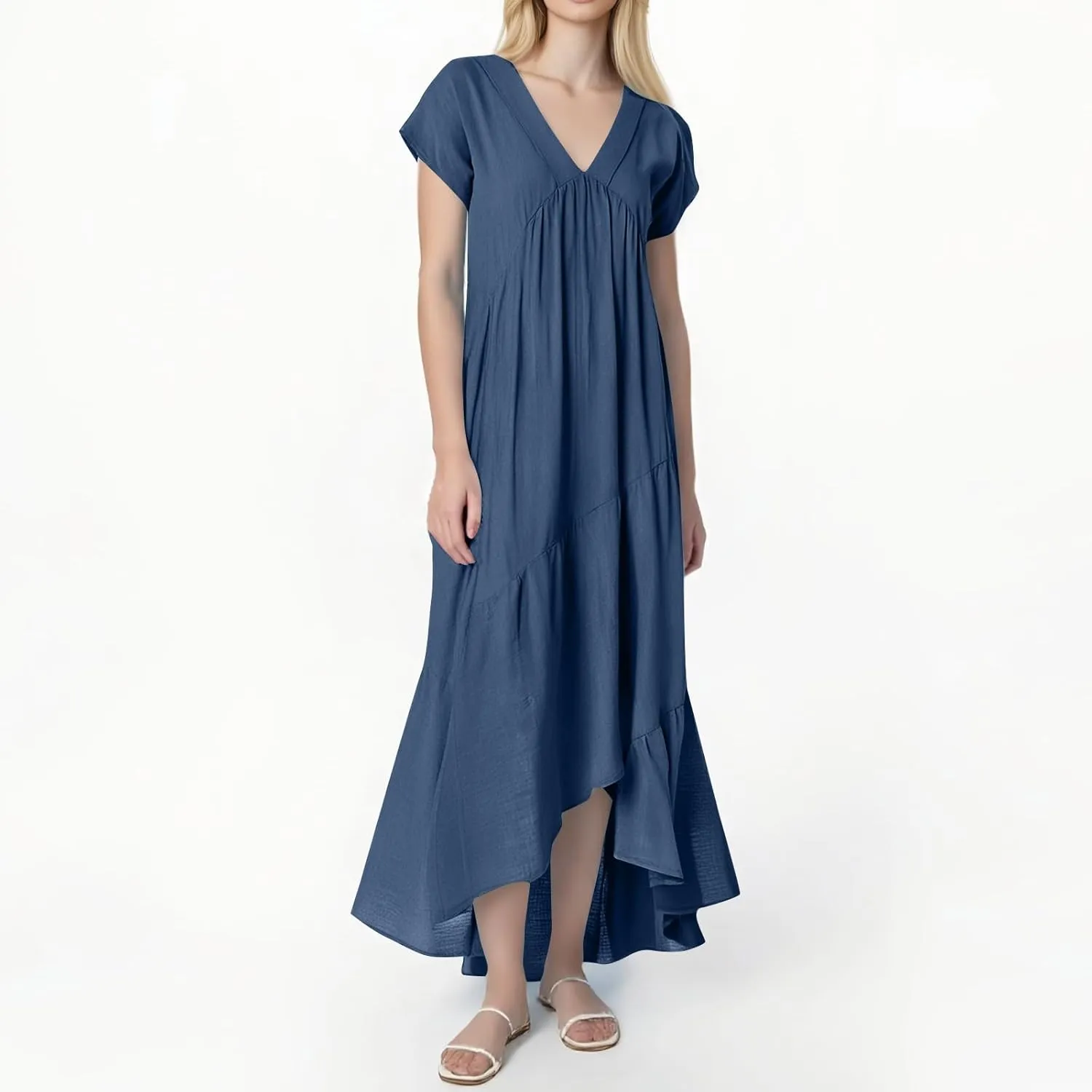 Maxi Cotton Linen Dresses for Women 2025 Summer V-Neck Short Sleeve Asymmetrical Dress Beach Elegant Long Flowy Dress