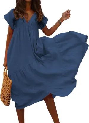 Maxi Cotton Linen Dresses for Women 2025 Summer V-Neck Short Sleeve Asymmetrical Dress Beach Elegant Long Flowy Dress