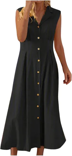 Maxi Dresses for Women 2025 Summer Elegant Linen Dress Sleeveless Button V Neck Collar Casual Beach Long Dresses