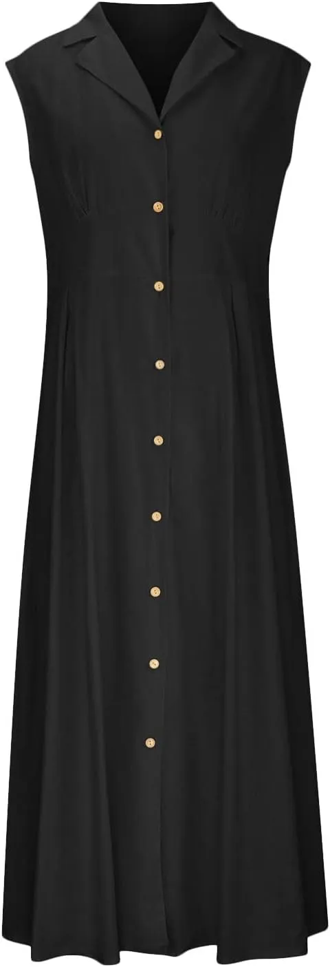 Maxi Dresses for Women 2025 Summer Elegant Linen Dress Sleeveless Button V Neck Collar Casual Beach Long Dresses