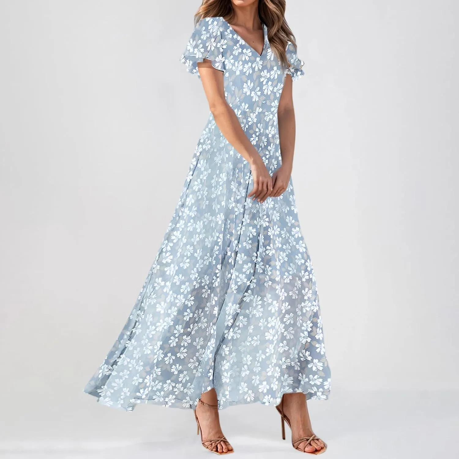 Maxi Dresses for Women Summer Highwaisted Prom Dress Floral Chiffon Flutter Sleeve Boho Dress Vneck Tea Party Dresses