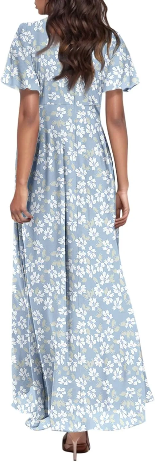 Maxi Dresses for Women Summer Highwaisted Prom Dress Floral Chiffon Flutter Sleeve Boho Dress Vneck Tea Party Dresses