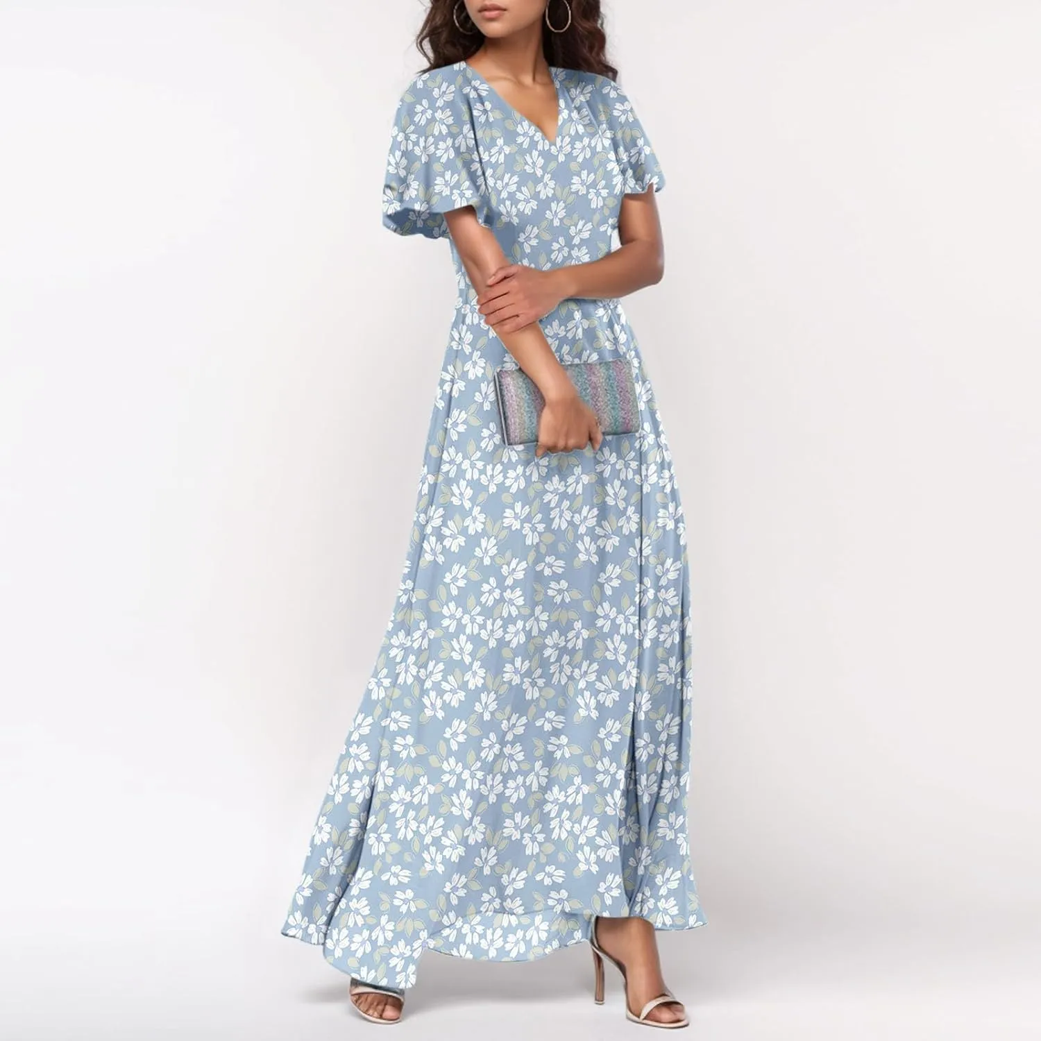 Maxi Dresses for Women Summer Highwaisted Prom Dress Floral Chiffon Flutter Sleeve Boho Dress Vneck Tea Party Dresses