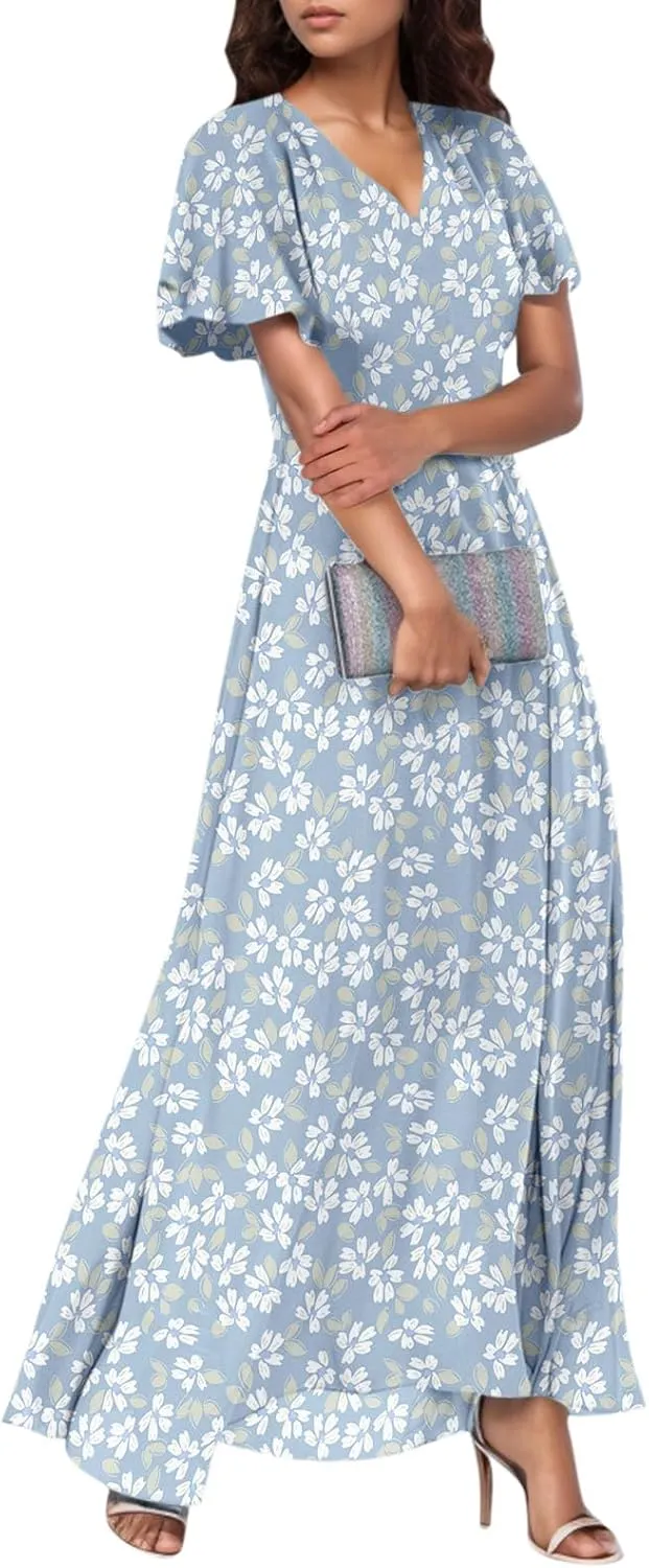 Maxi Dresses for Women Summer Highwaisted Prom Dress Floral Chiffon Flutter Sleeve Boho Dress Vneck Tea Party Dresses