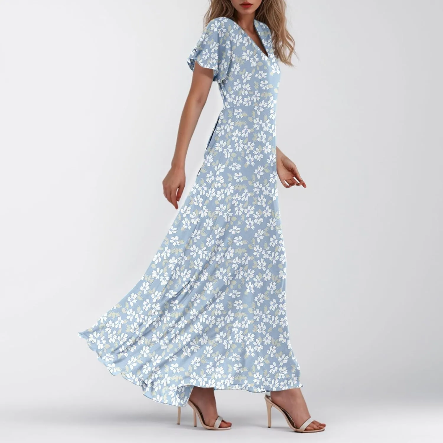 Maxi Dresses for Women Summer Highwaisted Prom Dress Floral Chiffon Flutter Sleeve Boho Dress Vneck Tea Party Dresses